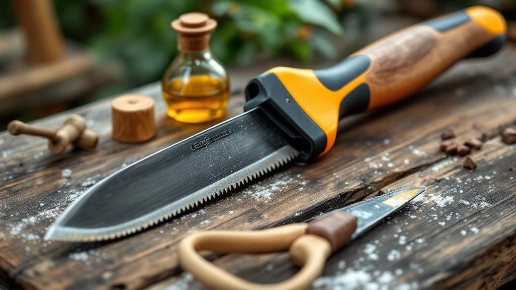 Eine gut gepflegte Gartenschere liegt auf einem Holztisch neben einem Schleifstein und einer kleinen Ölflasche.