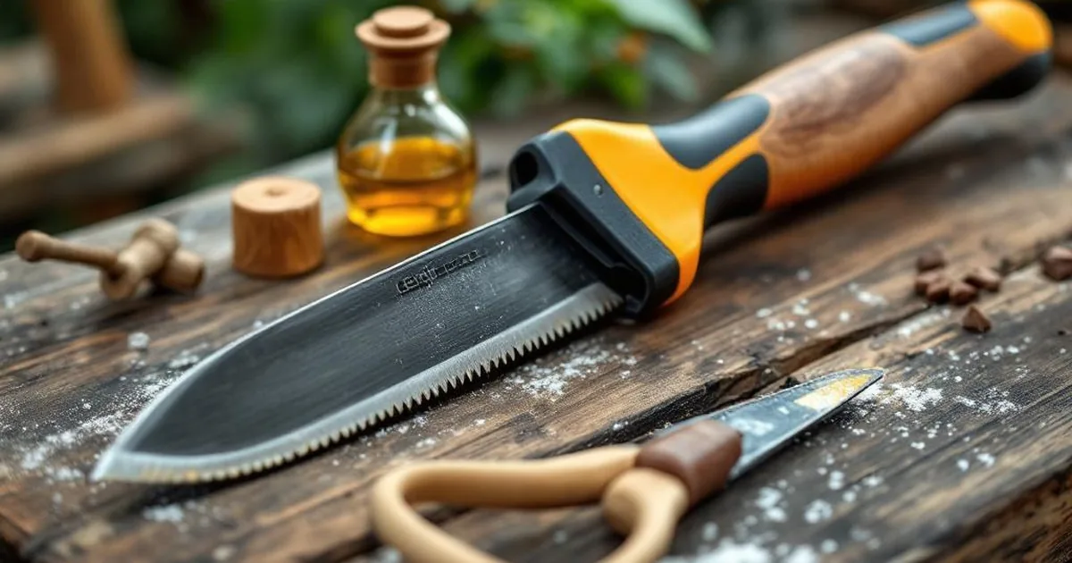 Eine gut gepflegte Gartenschere liegt auf einem Holztisch neben einem Schleifstein und einer kleinen Ölflasche.