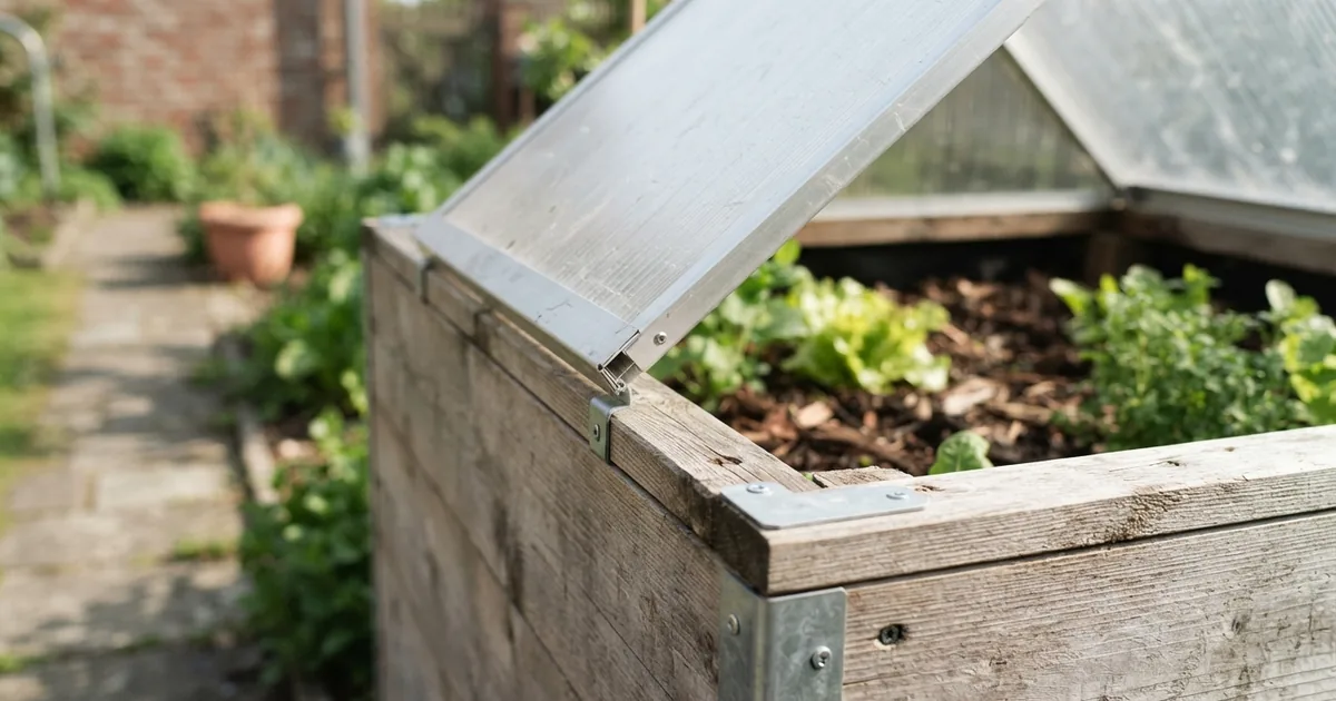 Ein modernes Hochbeet mit Dach im blühenden Garten beim Gemüse anbauen