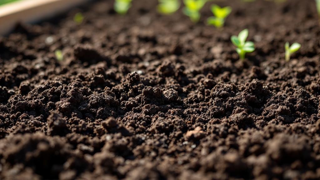 Eine frisch befüllte Hochbeet-Oberfläche mit dunkler, krümeliger Spezialerde, bereit zum Bepflanzen. Im Hintergrund sind bereits erste kleine Pflänzchen zu sehen.